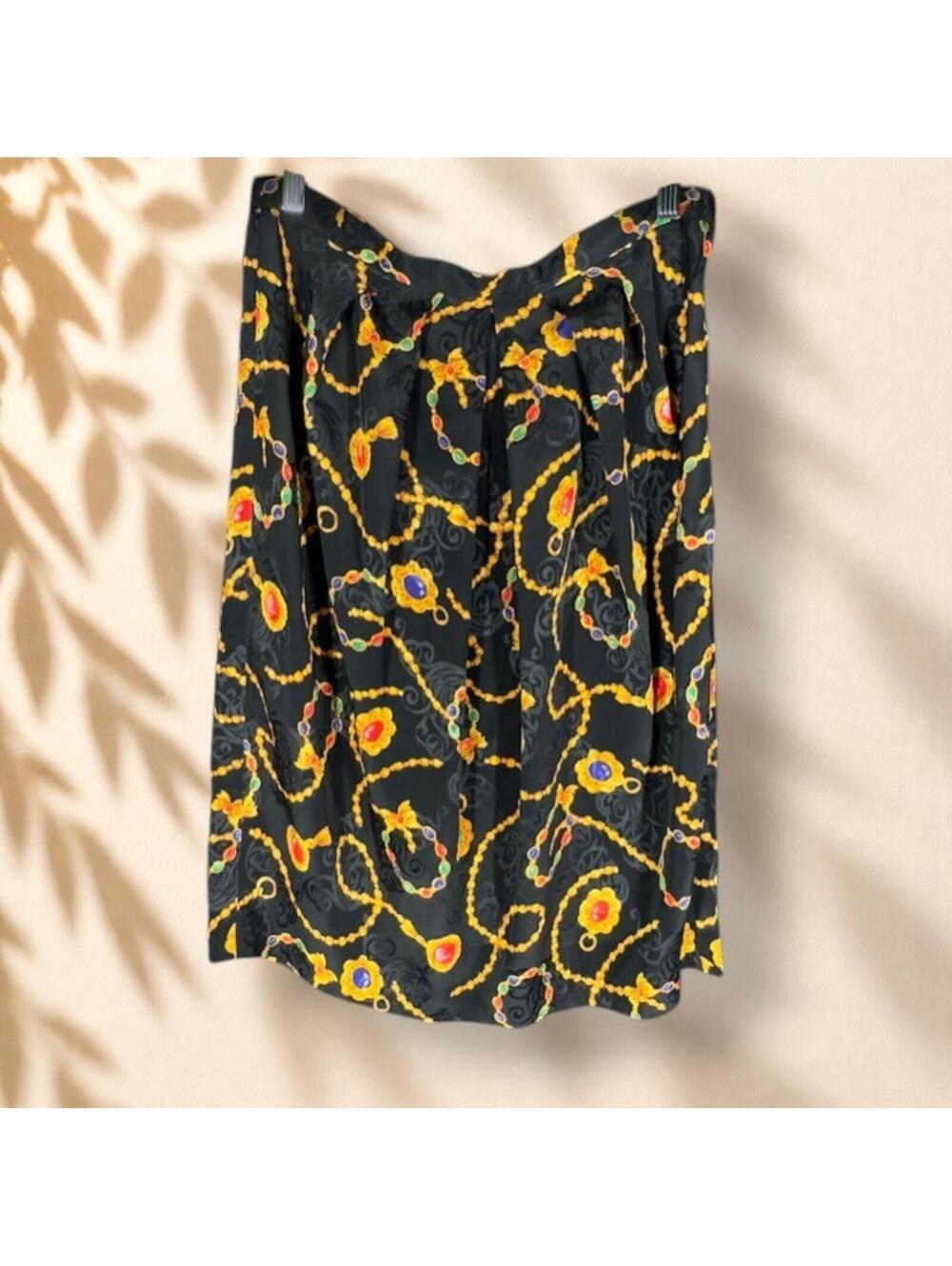 Leslie Fay Skirt Women 12 Black Graphic Print A-Line Midi Zipper Mid Rise Casual